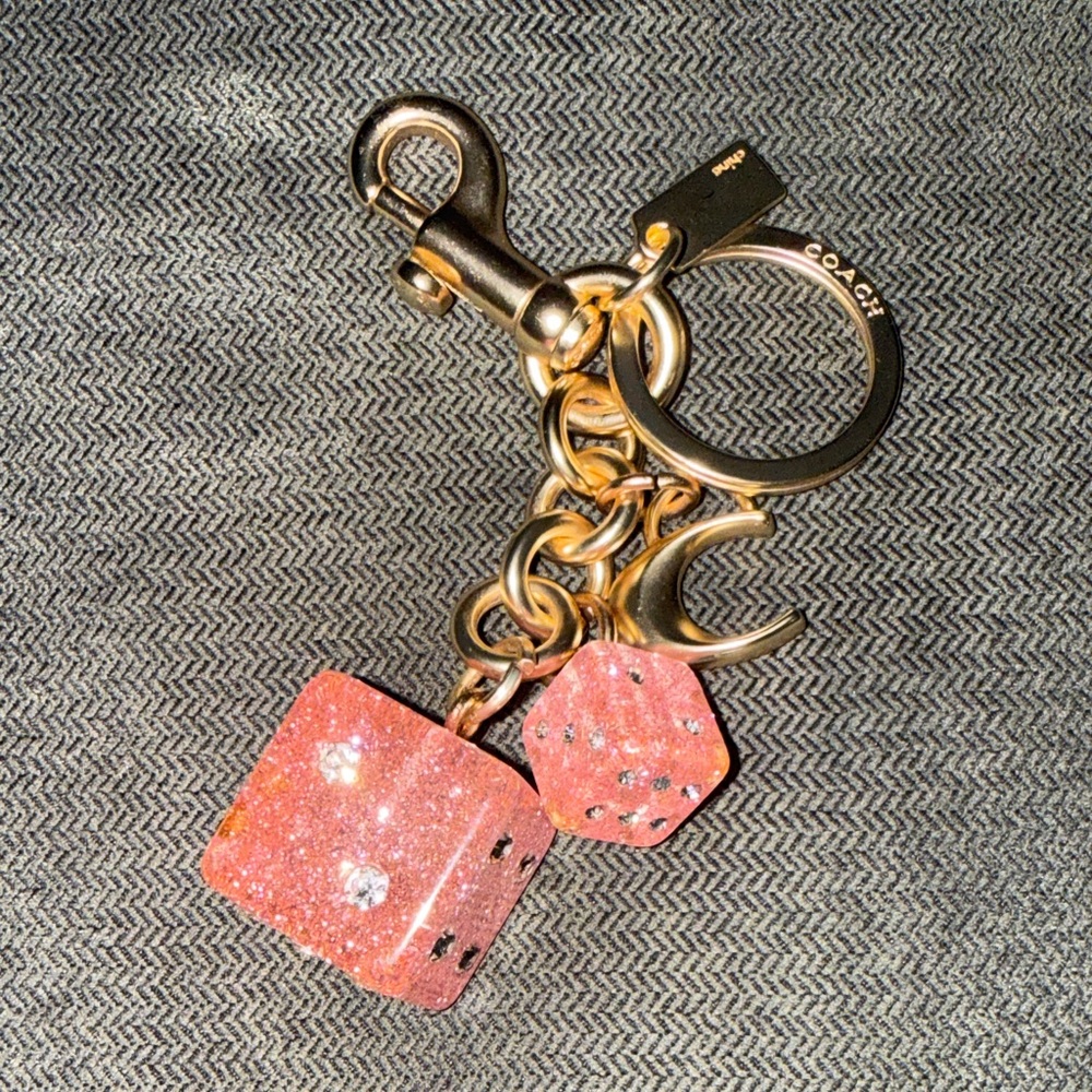 Coach Gold-Tone Hardware Pink Glitter Dice Key Charm